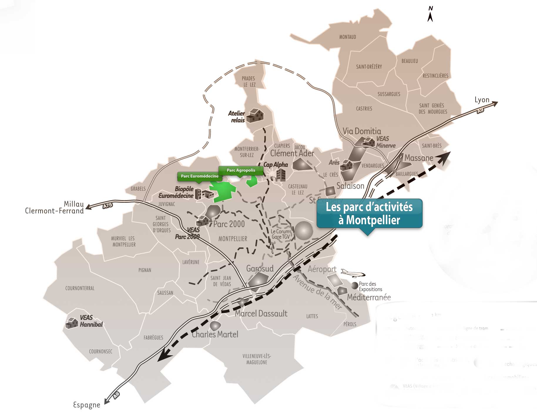 Cartes des Parcs d'activités Euromédecine et Parc Agropolis de Montpellier