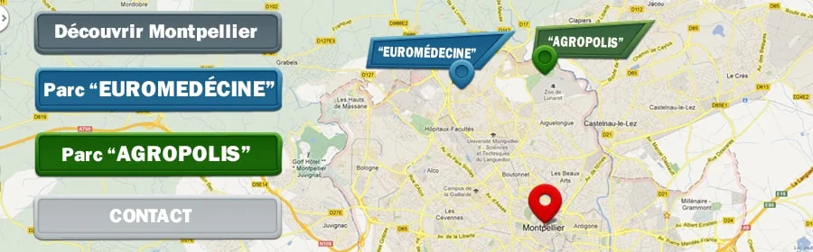 Carte localisation GPS Euromédecine et Agropolis Montpellier — accès route de Maubosc et avenue Agropolis