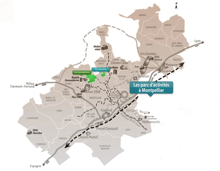 Carte parcs d'activités Montpellier — Euromédecine (1722 route Maubosc), Agropolis (1000 av. Agropolis), Garosud, situation géographique